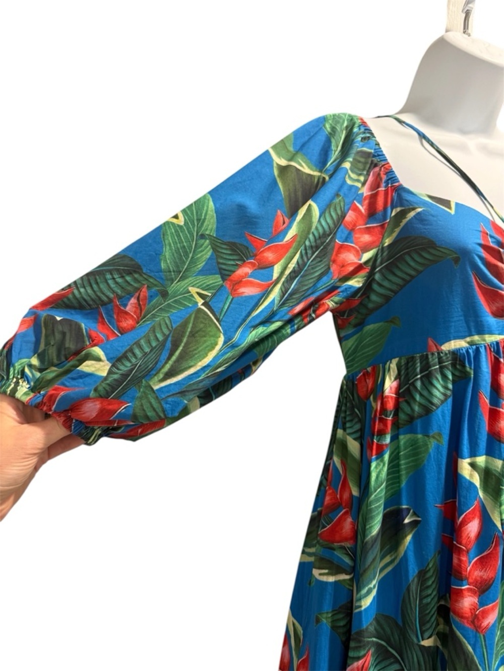 Farm Rio Dream Garden tropical floral puff sleeve tiered cotton Midi Dress XS - Picture 7 of 14
